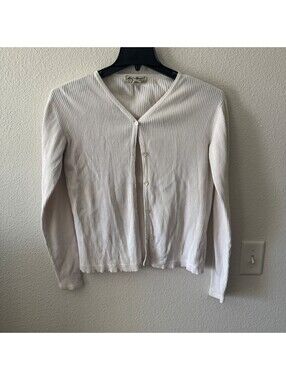 Vintage Eddie Bauer Ivory Cotton Ribbed Cardigan Round Neck Women's Small Preppy